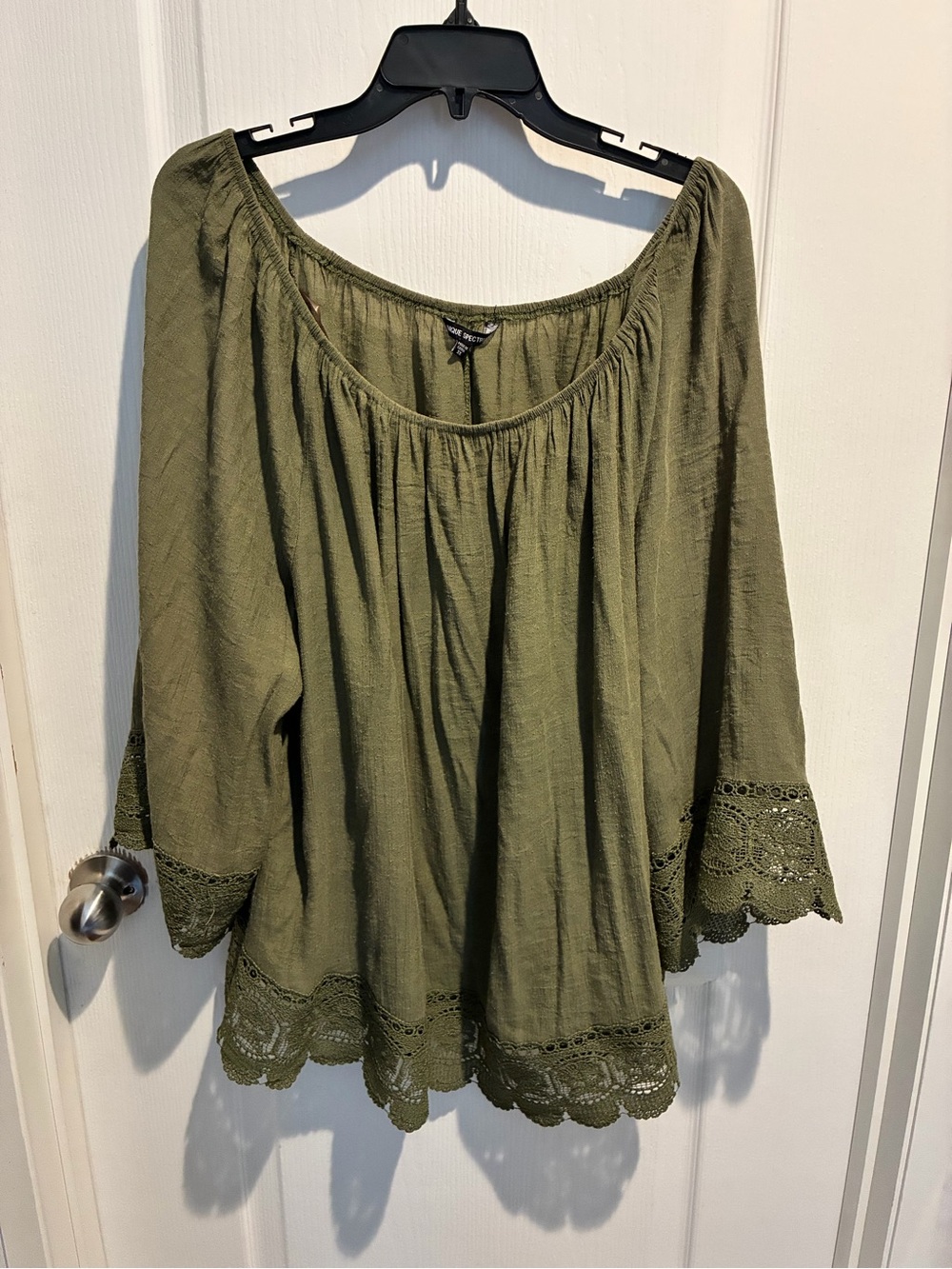 Unique Spectrum Olive Green Peasant Blouse with Lace Trim
